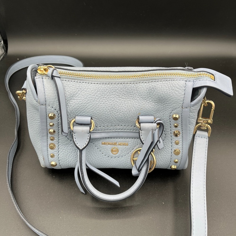 Michael Kors Carine Women Handbag Light Blue Pebbled Leather Studded Satchel Bag